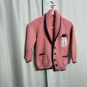 Handmade Pink Knit Cardigan Snowman Cozy Cottagecore Girls 7/8 Grandmacore